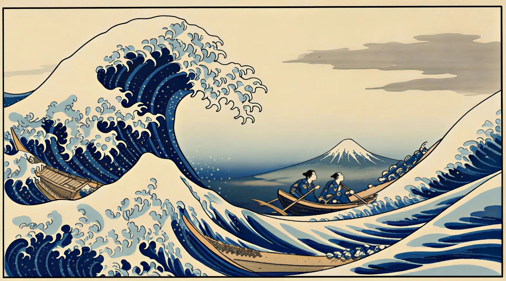 A woodblock-print animation: a great wave curls over two long boats; the two oarsmen hold their course; the wave breaks and the sea calms under a pink sky with a snow-capped mountain beyond.