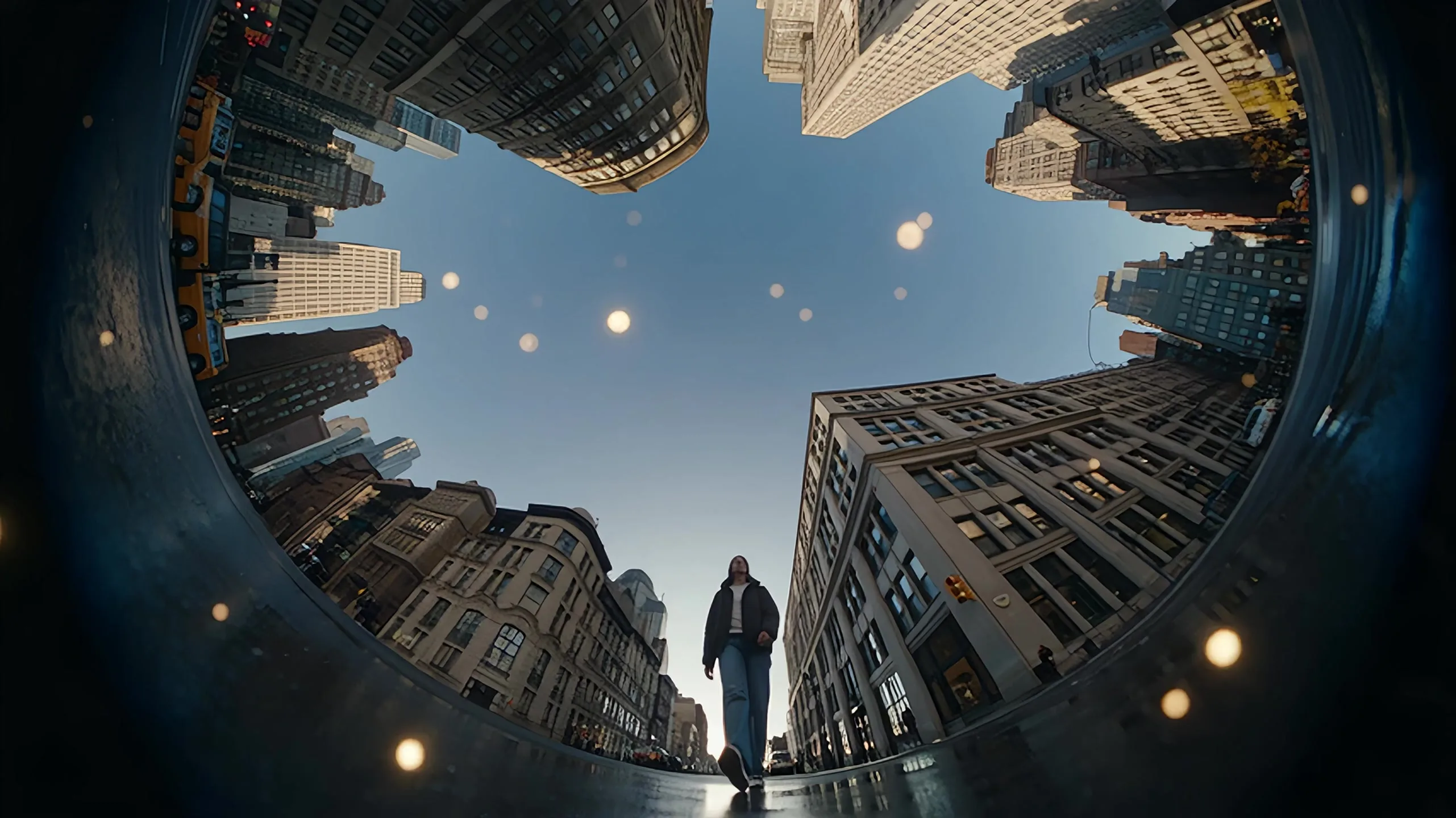 A thirty-second brand spot for a fictional payment card: Manhattan through a fisheye lens, the card in close-up, a skateboarder beside a line-drawn walker, cartoon faces and speech bubbles on a building, a tunnel of neon signs, a pixel-art street, and the card held over the harbour at dusk.