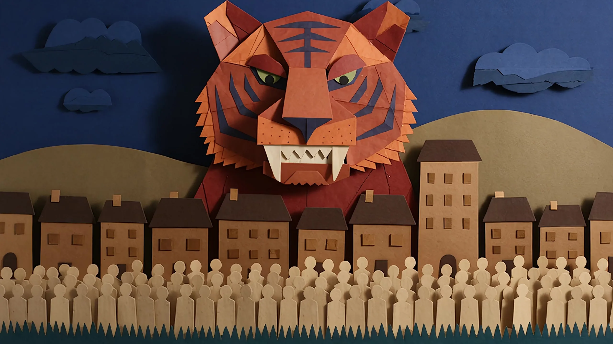 A paper-cut stop-motion scene: a giant tiger of cut card looms over a paper town and a crowd of paper figures; one figure with a red scarf stands in the street; the tiger folds into a heap of red paper and an orange paper sun rises.