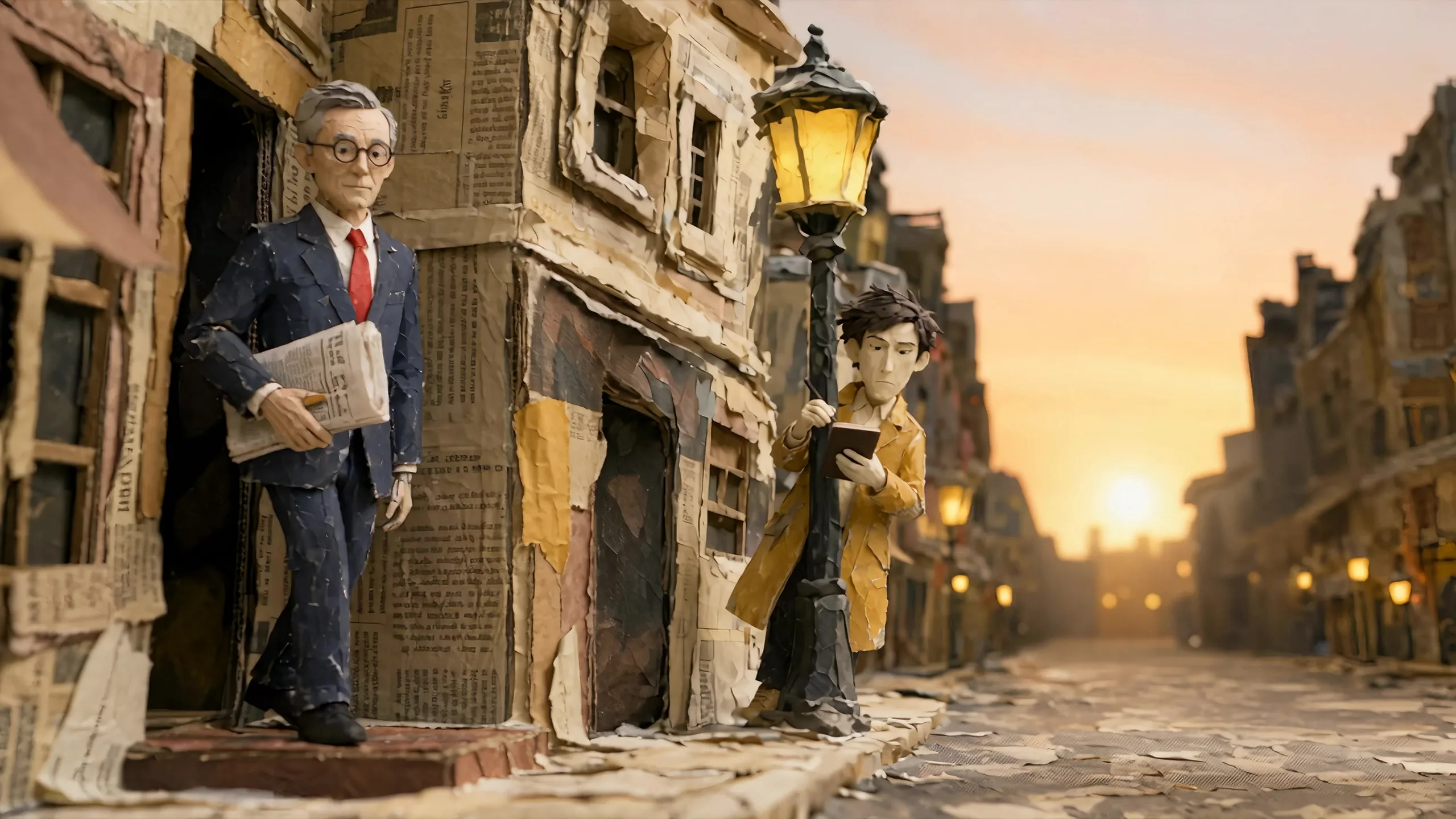 A papier-mache stop-motion film: a young detective in a mustard coat tails a grey-haired man in round spectacles through a day in a paper city, from behind a gas lamp, through a hole in his newspaper at a cafe, up out of a hedge crowned with doves, past a bus stop and up a stack of boxes to the lit window where the man reads at night; then he turns to the camera and opens his notebook, every line marked in yellow highlighter.