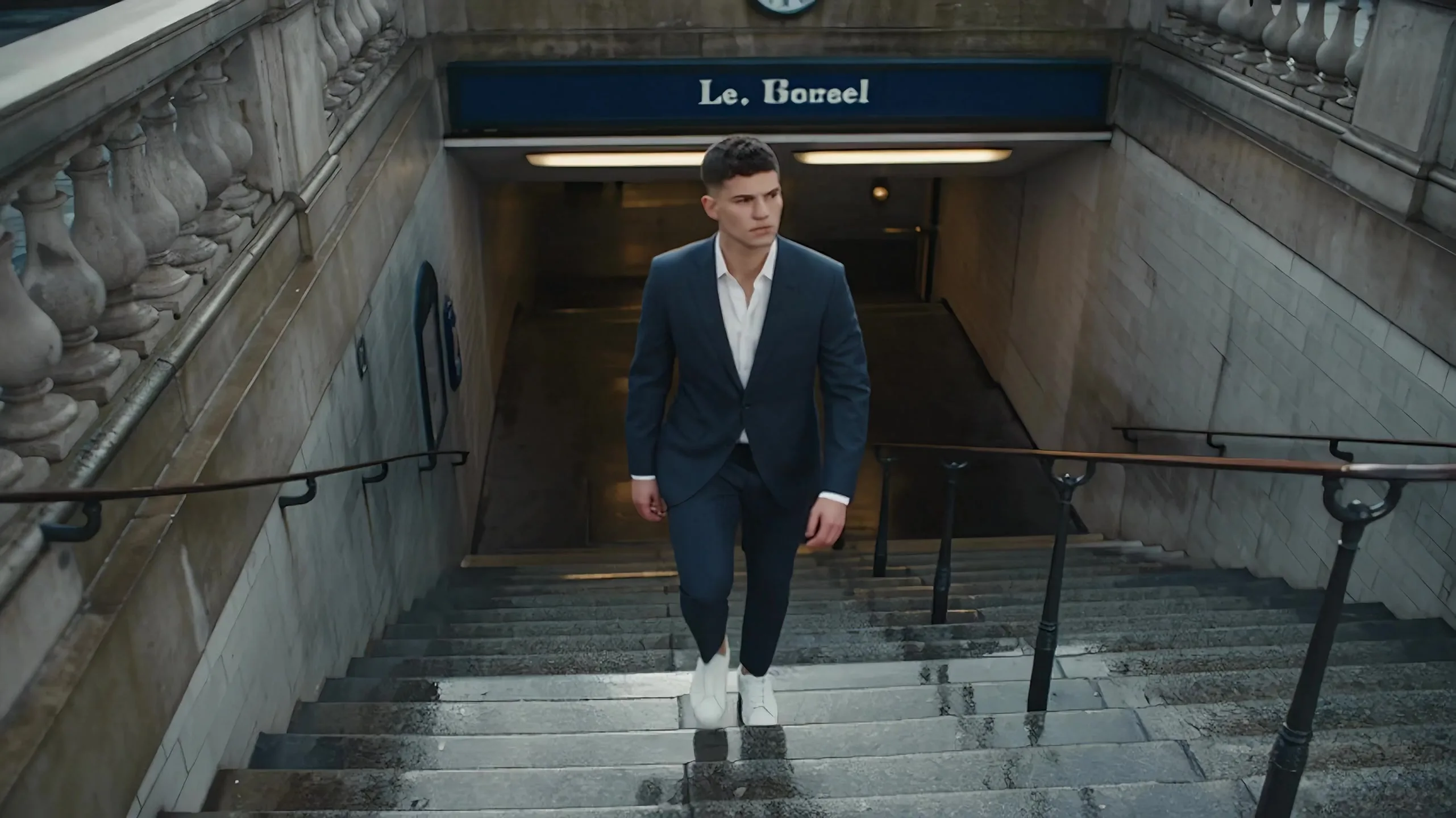 A Paris street spot: a man in a navy suit climbs out of the metro into a square that comes apart around him, cafe chairs, cups and coats in the air, two men in black give chase, and he steps into a fashion billboard beside the model.
