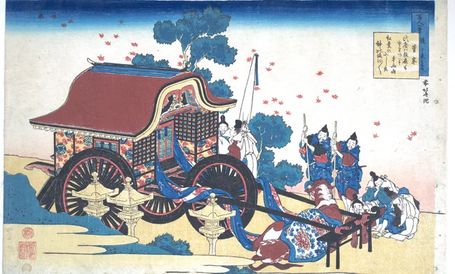 Hokusai's print for a poem by Sugawara no Michizane: an ornate ox-carriage with a red roof stands under falling maple leaves, its attendants resting beside it.