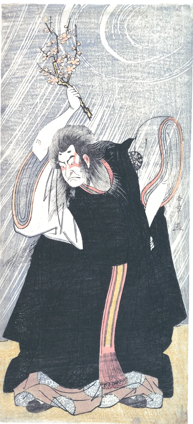 The actor Nakamura Nakazo as Michizane turned thunder god, in black robes, raising a branch of plum blossom in driving rain.