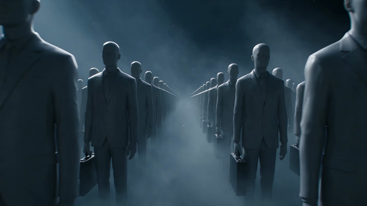 Endless rows of identical faceless grey figures in suits stand with their briefcases in fog; fire tears through them; from a glowing core in the smoke one figure rises, arms spread, as the crowd below dissolves into cloud and falls away into a void.